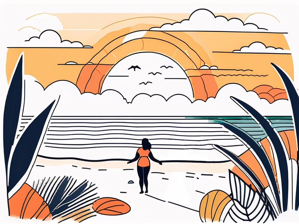 Cape Canaveral Florida - Illustration of beach with a female facing the orange and yellow sunrise, white clouds and birds.