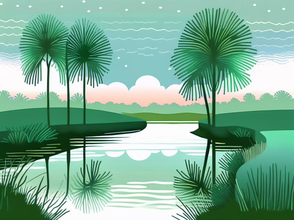 Cape Coral Florida - Illustration of a quiet teal and green bayous with palm trees and the distant horizan touched in a peach glow