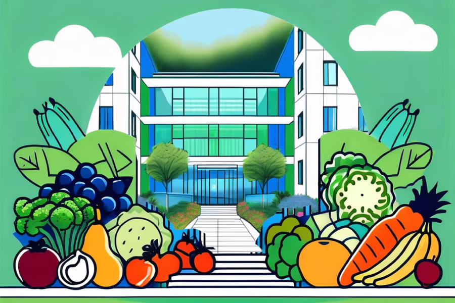 Celebration Florida - illustration with fruit and vegetables in the foreground with steps leading to a glass windowed building