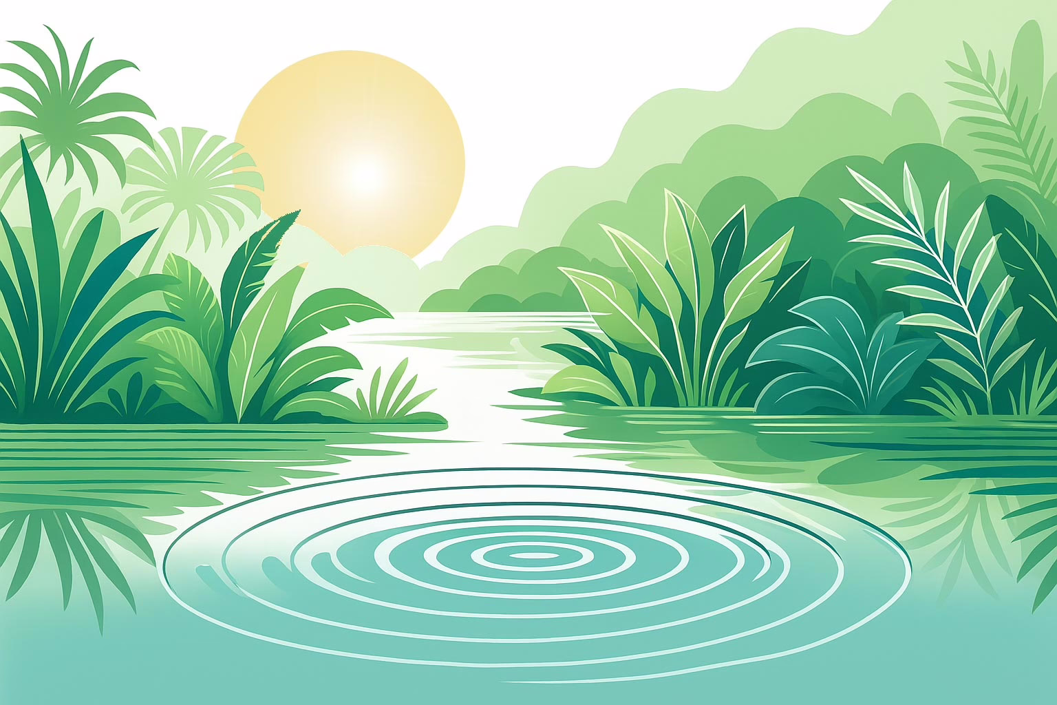 Cinco Bayou Florida - Illustration of calm quiet water with sun rising beyond the foliage