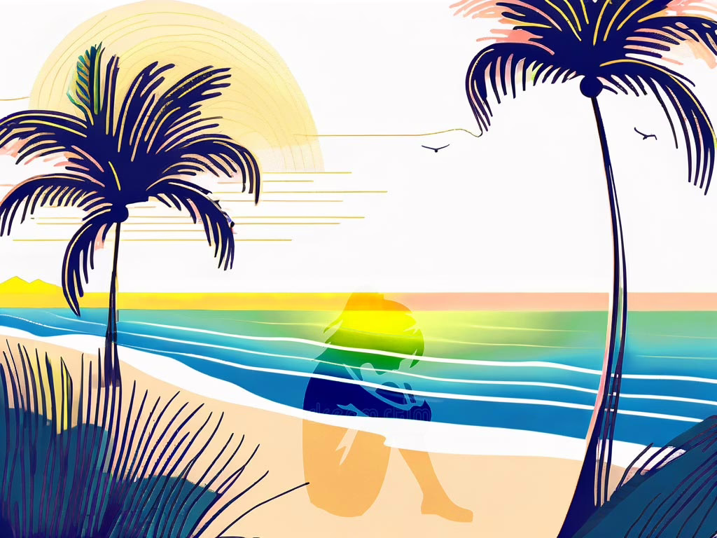 Clearwater Florida - illustration of a stylized beach, ocean, palm trees and shadow silhouette of girl hugging her knees sitting on the beach