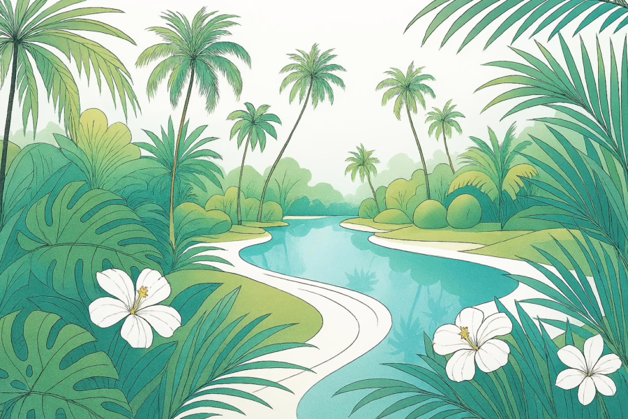 Clermont Florida - Illustration of meandering water way with white flowers and palm trees with other tropical foliage