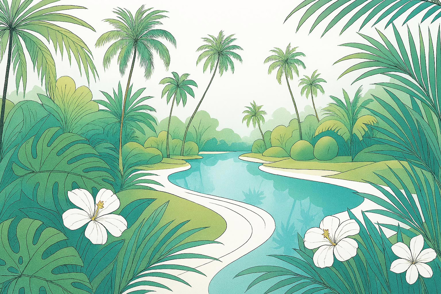 Clermont Florida - Illustration of meandering water way with white flowers and palm trees with other tropical foliage