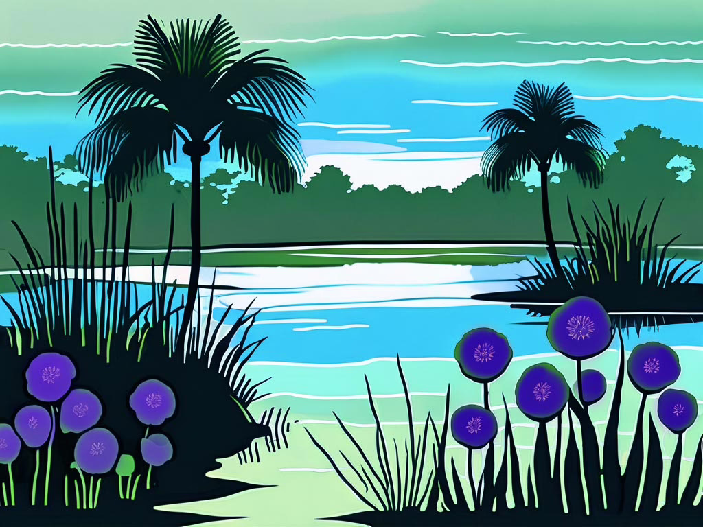 Clewiston Florida - illustration early evening - everglade water with tropical foliage and deep blue purple flowers in the foreground