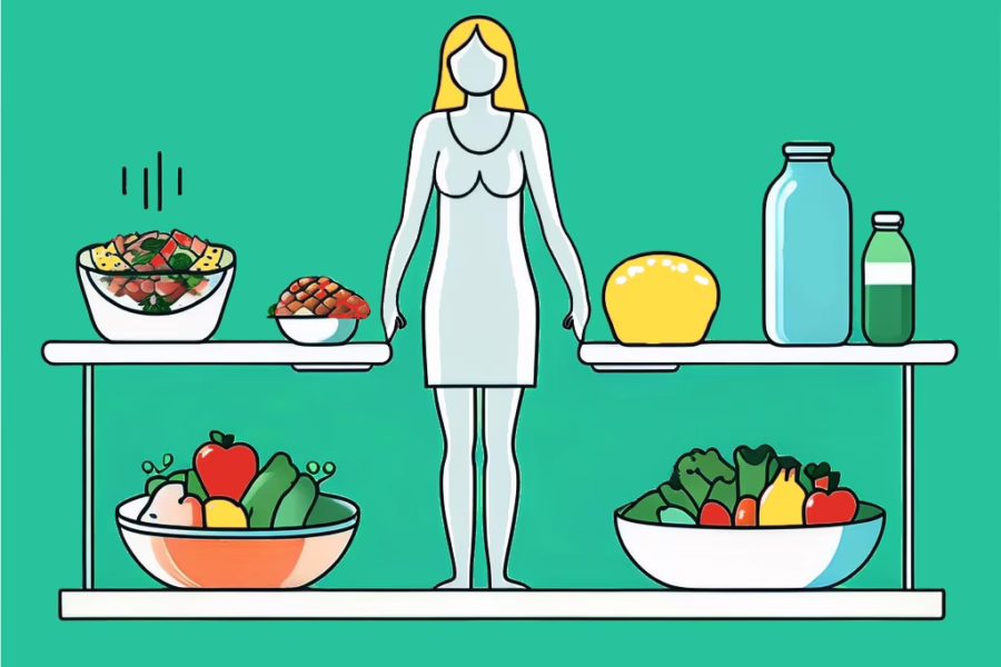 Cocoa Florida- illustration eating disorder concept- young girl silhouette with shelves of food on either side.