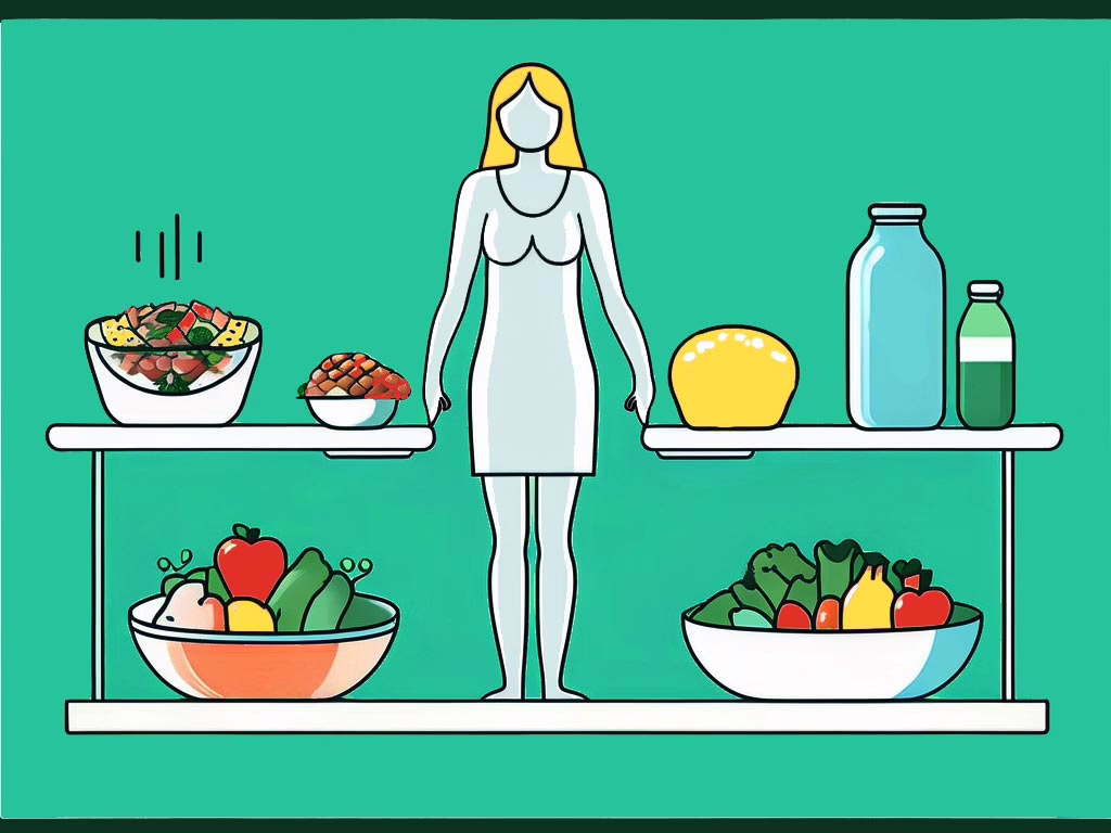 Cocoa Florida- illustration eating disorder concept- young girl silhouette with shelves of food on either side.