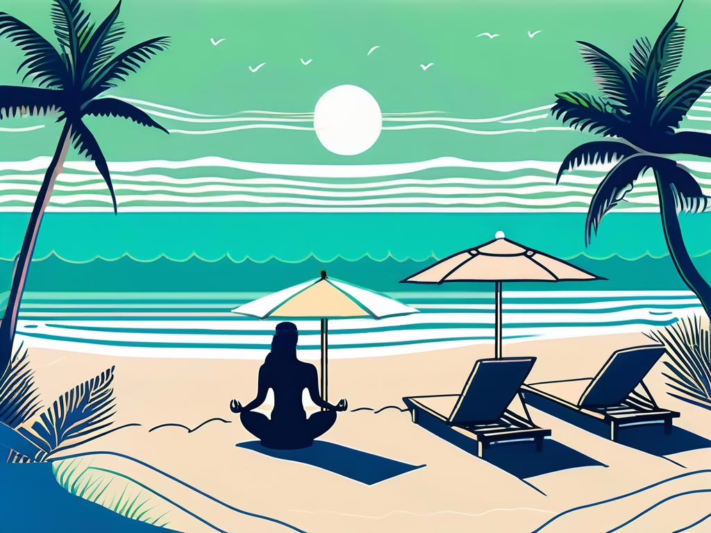 Cocoa Florida- illustration of beach with silhouette of woman meditation under beach umbrella with lounge chair to the side and full sun or moon in sky