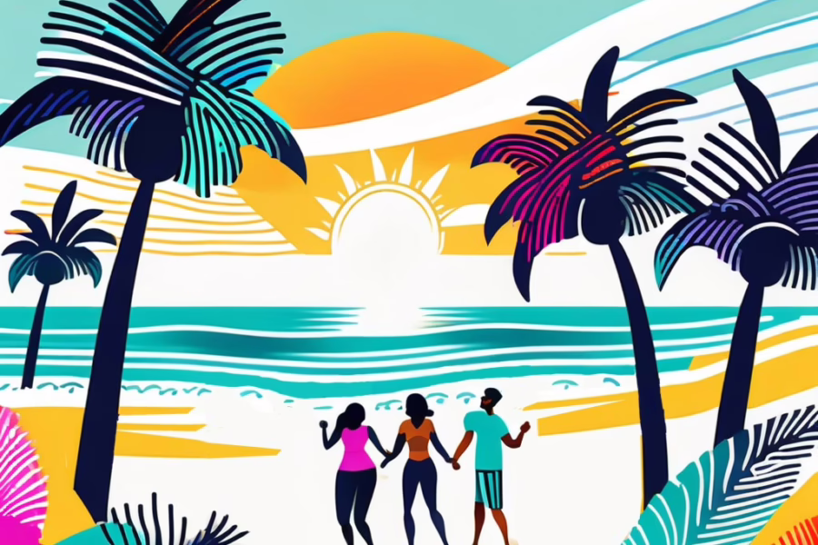 Coconut Creek Florida- Illustration of 3 people walking on beach as sun sets. Tropical foliage to either side