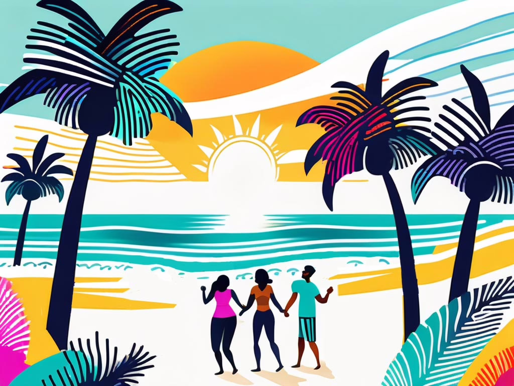 Coconut Creek Florida- Illustration of 3 people walking on beach as sun sets. Tropical foliage to either side