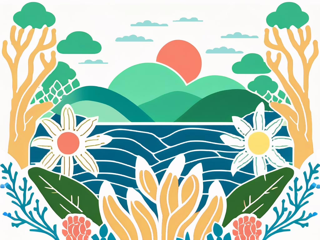 Coral Spring - illustration tropical landscape with stylized flowes, leaves with rounded mounds of green hills and coral colored sun rising behind them.