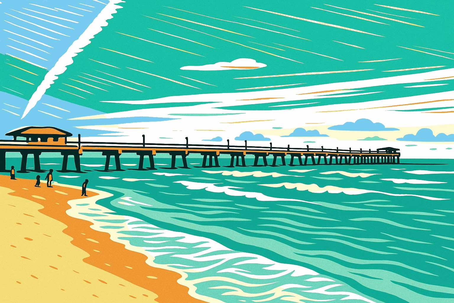 Dania Beach Florida - Illustration of long wharf extending far out into the ocean with a dramatic sky and figures in the distance walking the beach