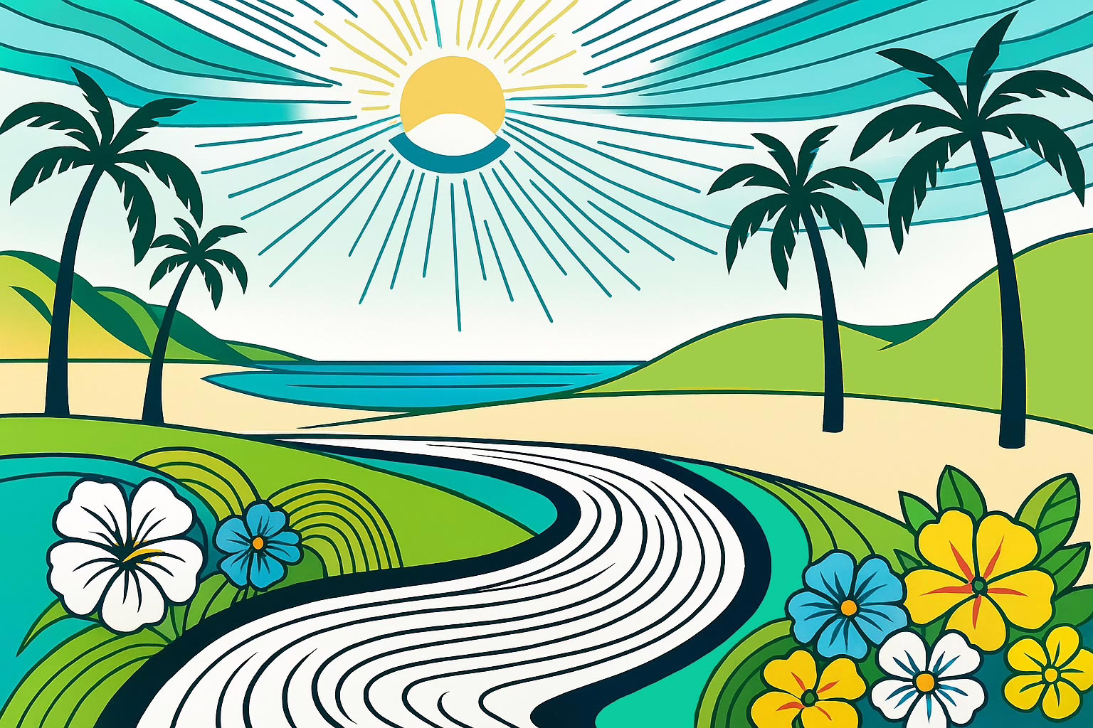 Daytona Beach Florida - illustration of a meandering water way leading out to a beach and ocean with the sun high in the sky. Tropical flowers in foreground with palm trees silhouetted in the background.