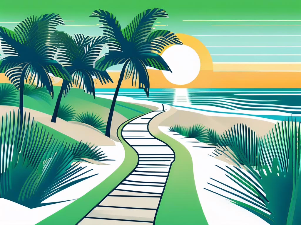 Deerfield Florida -Illustration of meandering path leading to the beach with sun setting. Palm trees silhouetted against the sky.