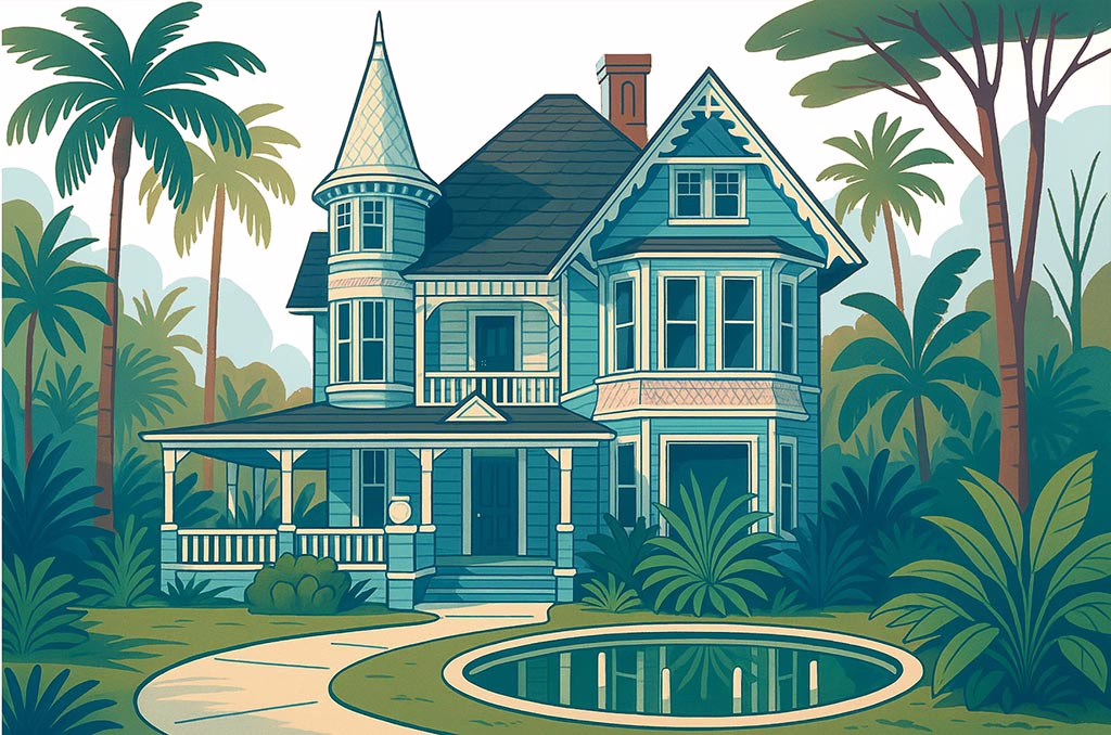 DeFuniak Spring Florida - Illustration victoian house surrounded by tropical foliage