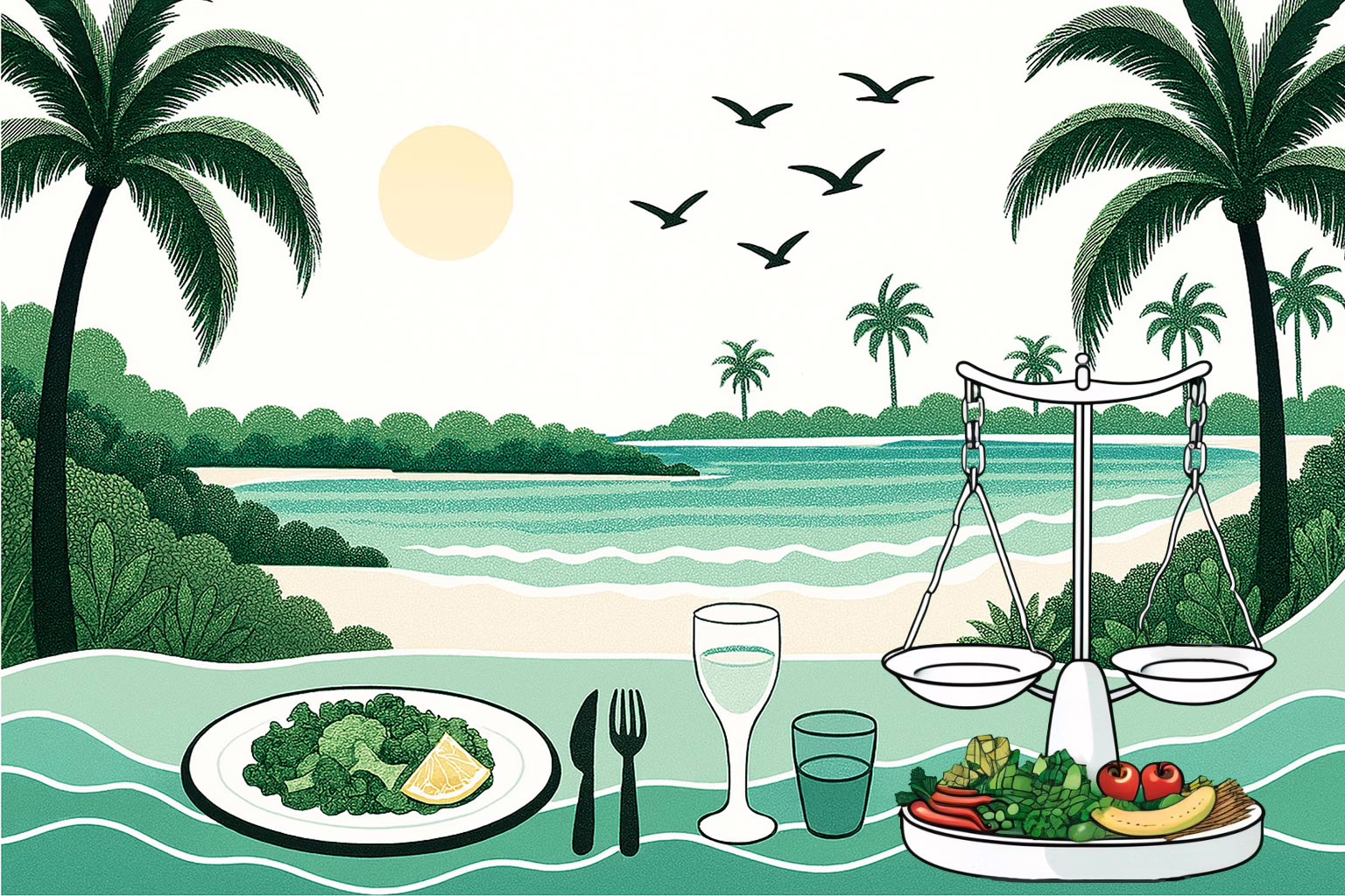 Deland Florida - Illustration of a place setting nnext to a food scale looking out onto a inlet with beach and tropical foliage.