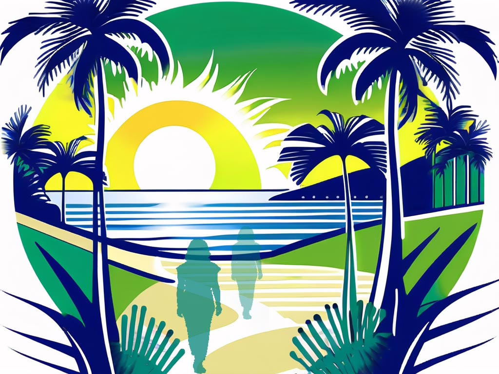 Delray Beach Florida - Illustration 2 females in translucent silhouettes walking along pathway leading to ocean ans the sun rising on the horizon. Palm trees on either side.