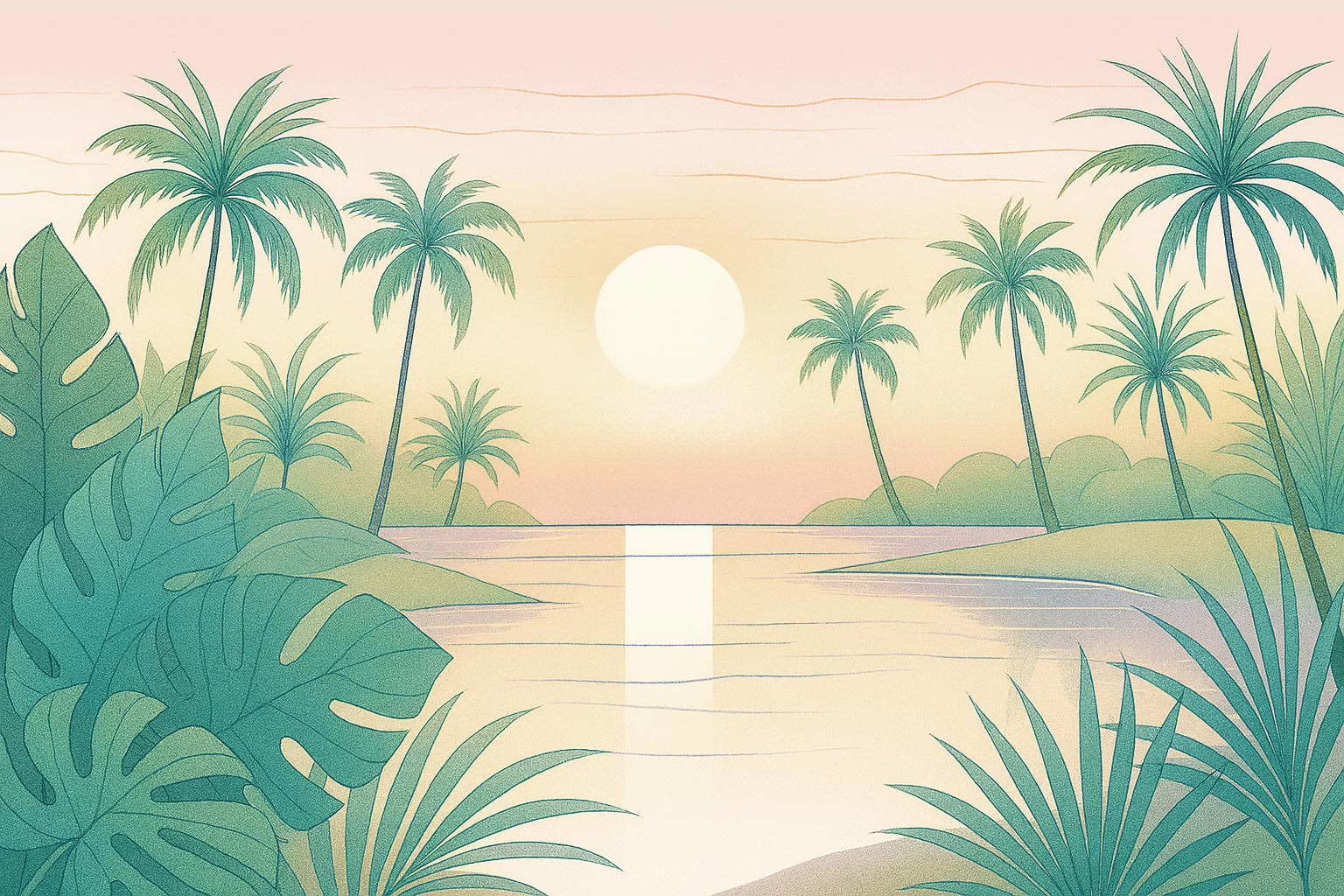 Destin Florida - Illustration of soft hazy sunset looking across water with palm trees and other tropical foliage