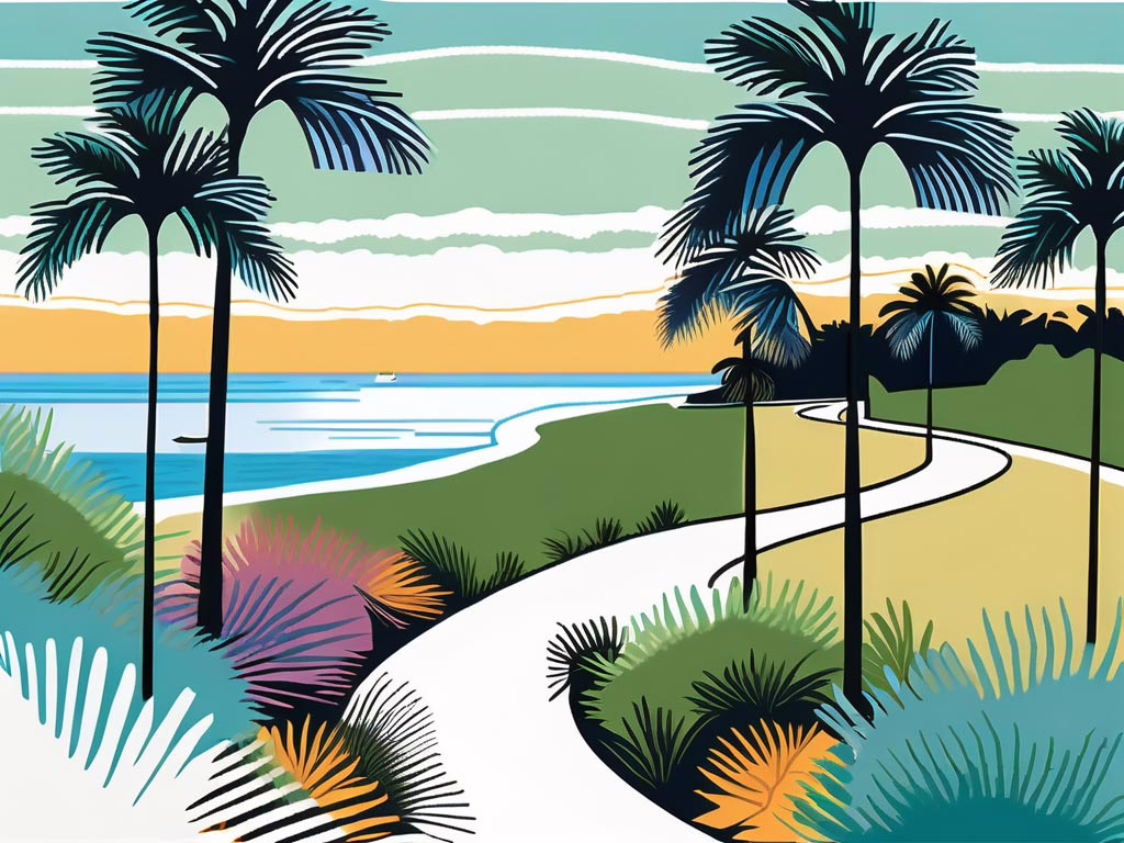Edgewater Florida - stylized illustration of meandering path next to water with tropical foliage