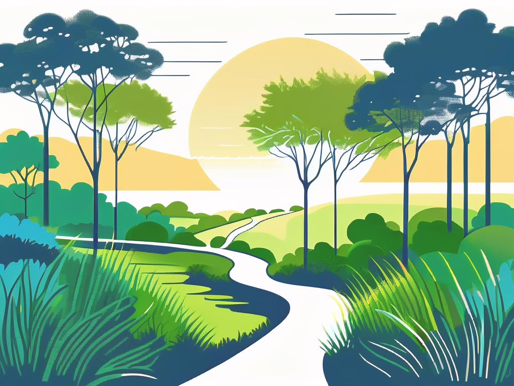 Edgewood, Florida - stylized illustration of meandering path along getle rolling hills with tree's silhouettes.