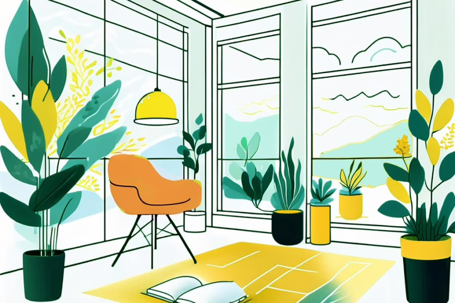 Gainesville Floida - illustration of interiot room with tropical plants, orange chair, windows all around