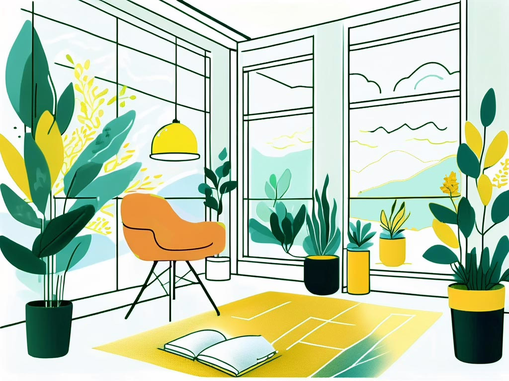 Gainesville Floida - illustration of interiot room with tropical plants, orange chair, windows all around