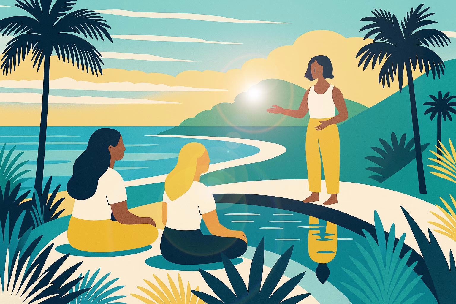 Green Cove Springs Florida-illustration of a woman leading a meditation for two females outside with tropical foliage , a reflection pool and the ocean to one side