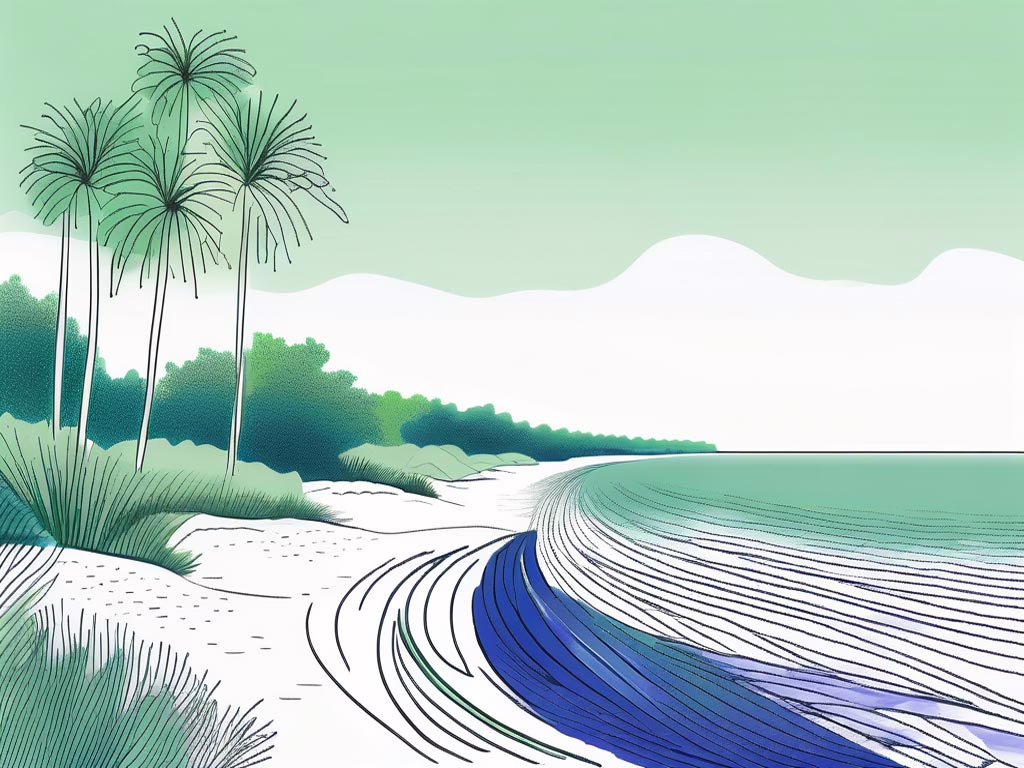 Gulf Breeze Florida - illustration of a stretch of ocean shoreline with palm trees.