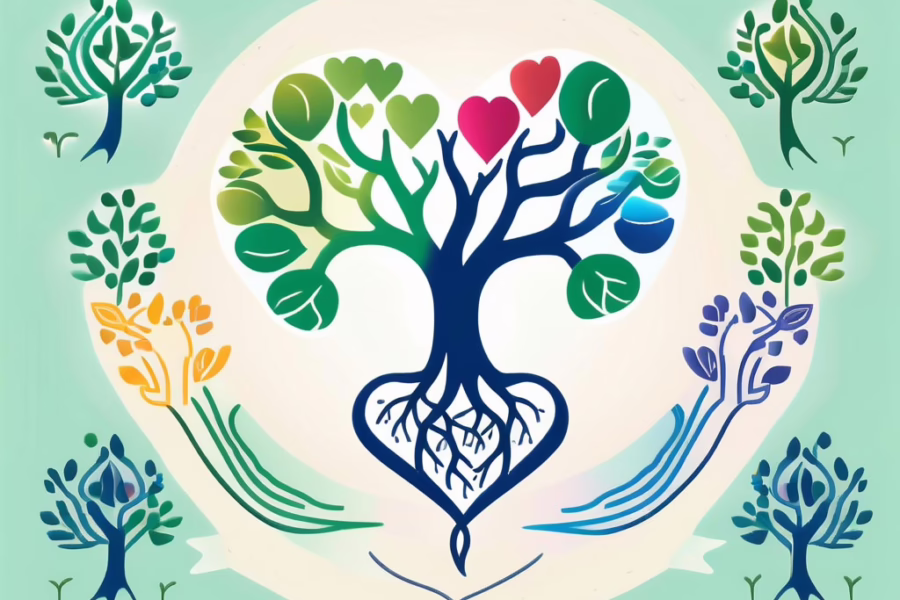 Gulfport Florida - illustration of a split tree with roots and branches sprouting leaves and hearts- concept of loving support