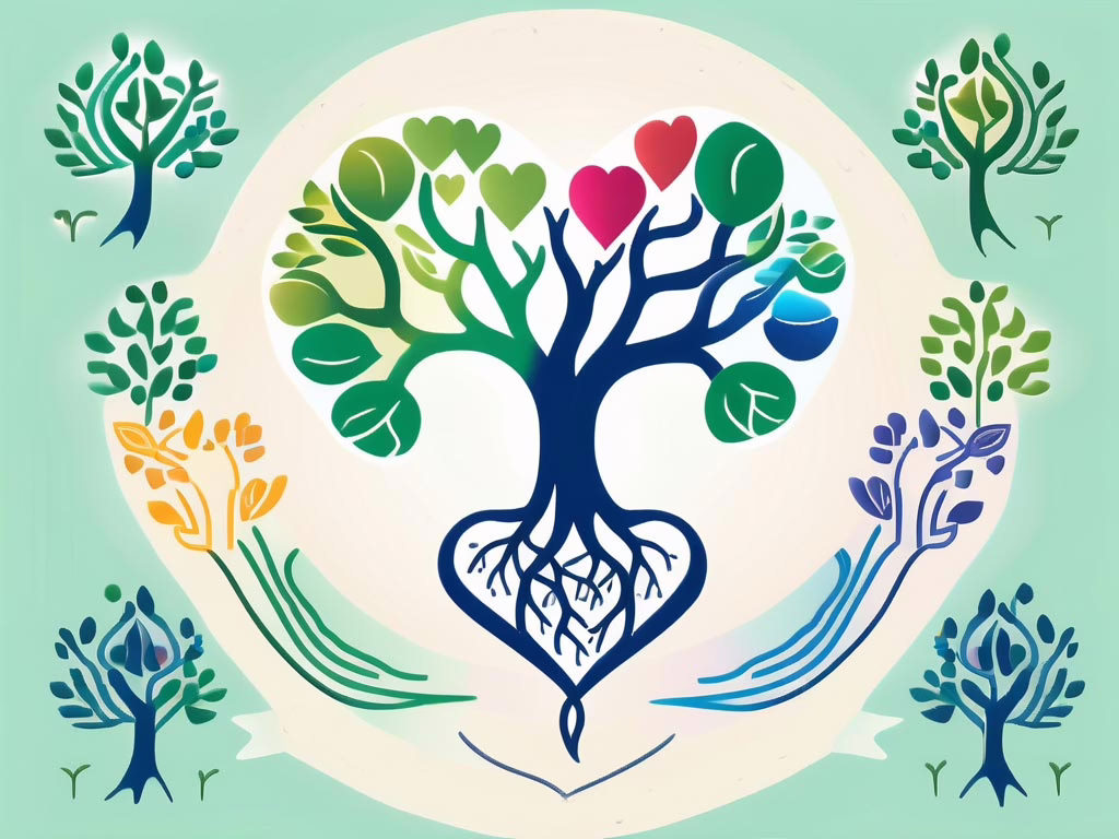 Gulfport Florida - illustration of a split tree with roots and branches sprouting leaves and hearts- concept of loving support