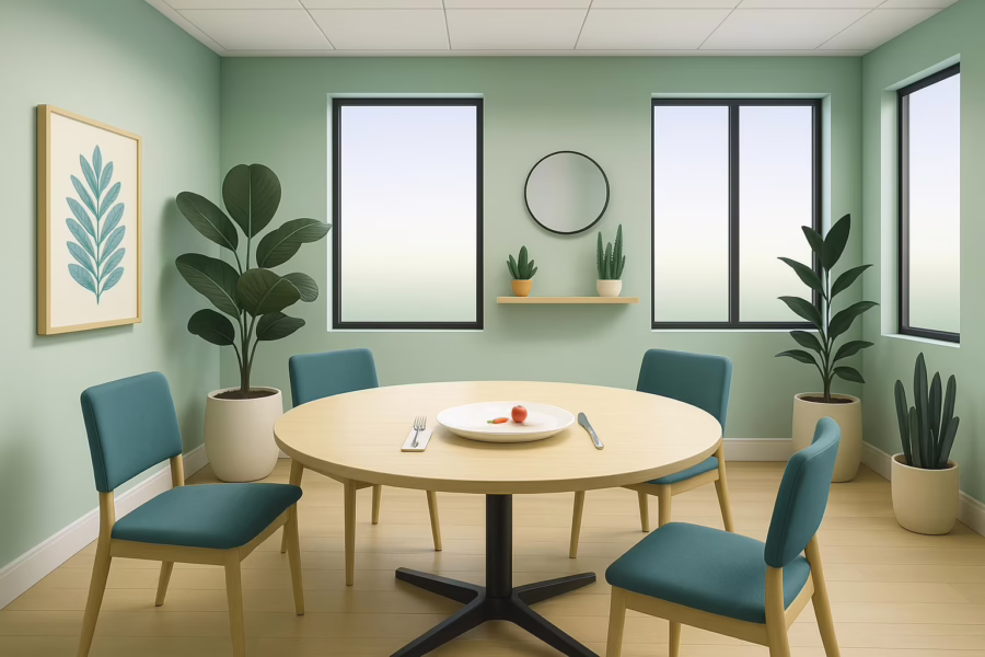 Haines City Florida - illustration of a dining room with place setting at table of a plate with a tiny apple and carrot - concept eating disorder