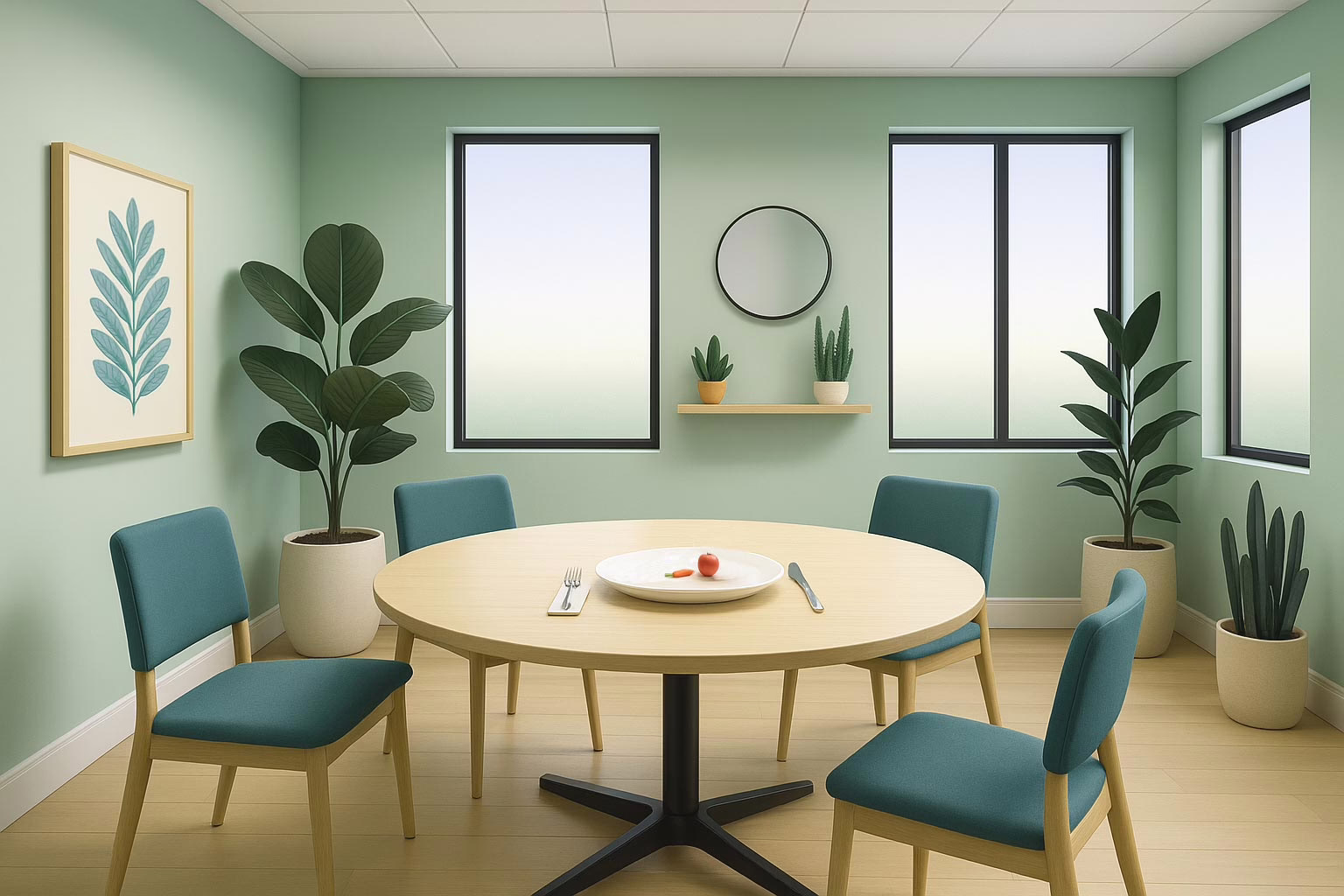 Haines City Florida - illustration of a dining room with place setting at table of a plate with a tiny apple and carrot - concept eating disorder