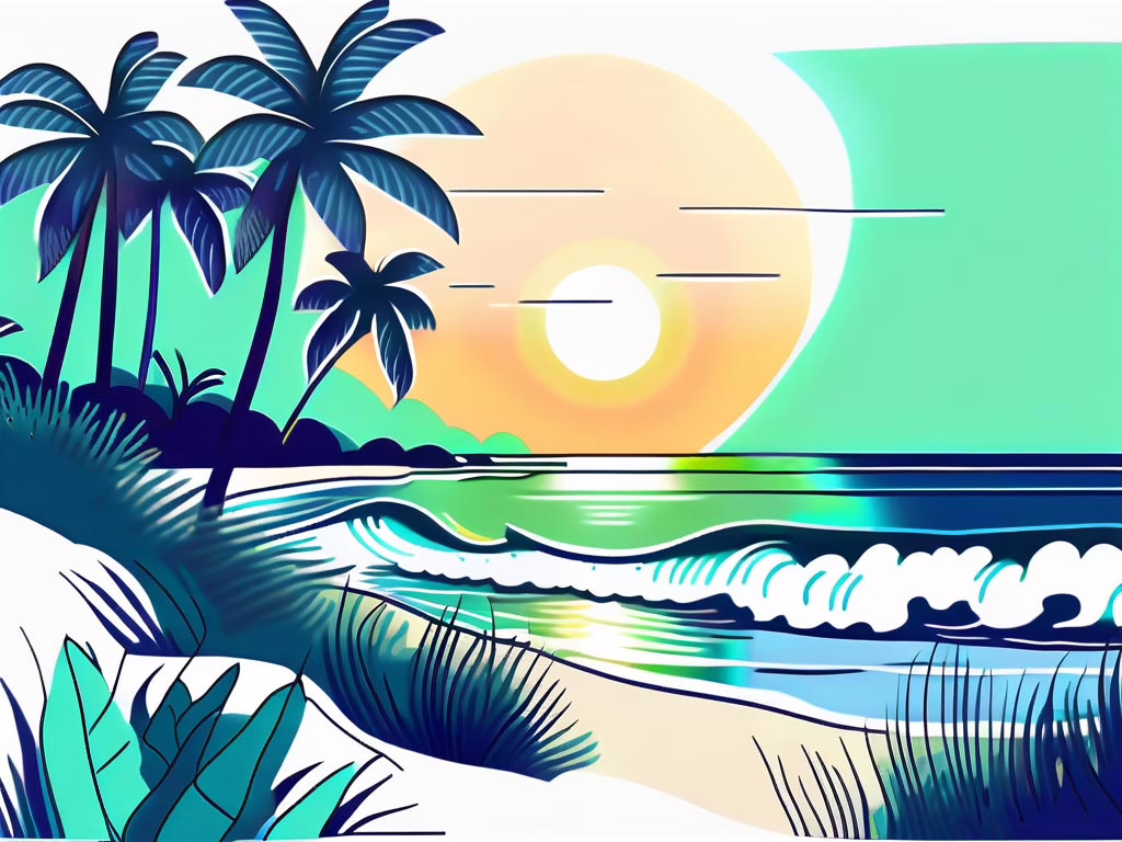 Hallandale Florida - illustration of sunset at beach with waves rolling in and palm trees silhouettes