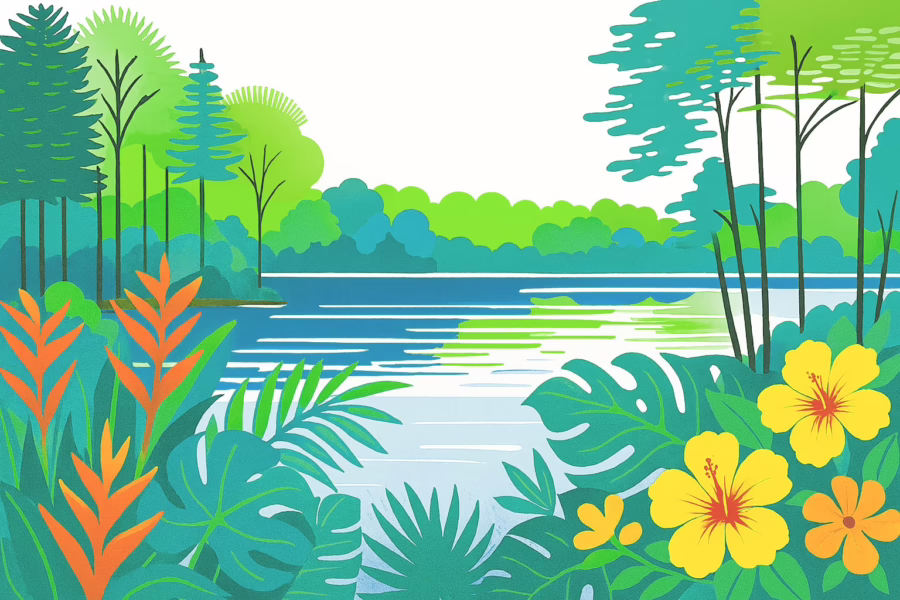 Hawthorne Florida - illustration of water surrounded by woodland with tropical foliage and flowers in foreground