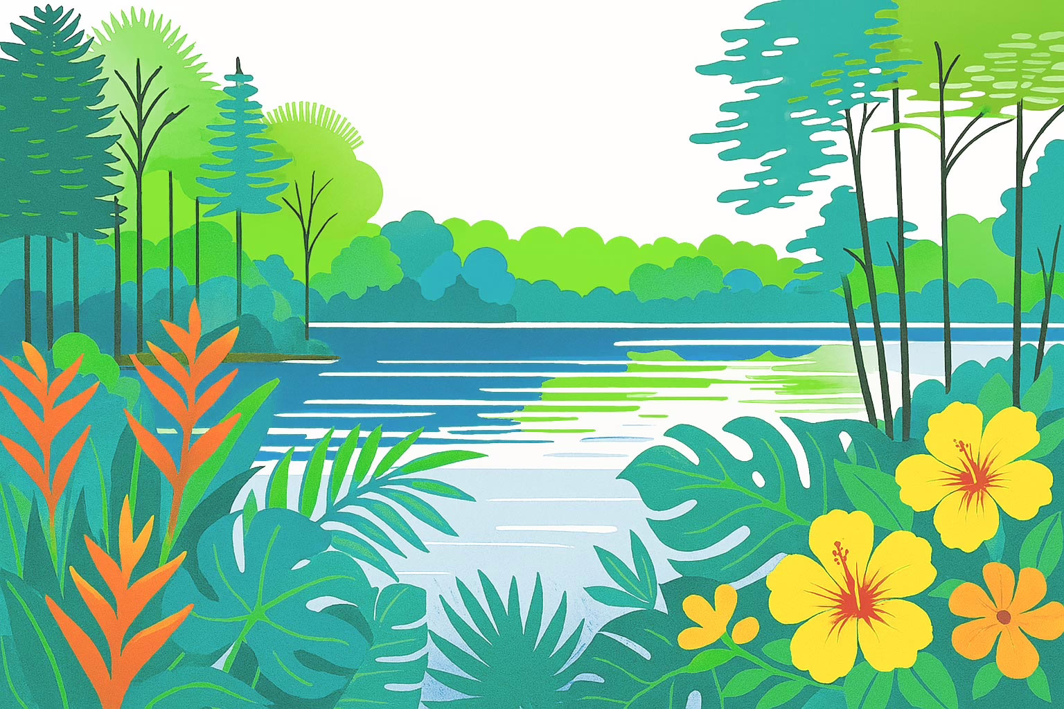 Hawthorne Florida - illustration of water surrounded by woodland with tropical foliage and flowers in foreground