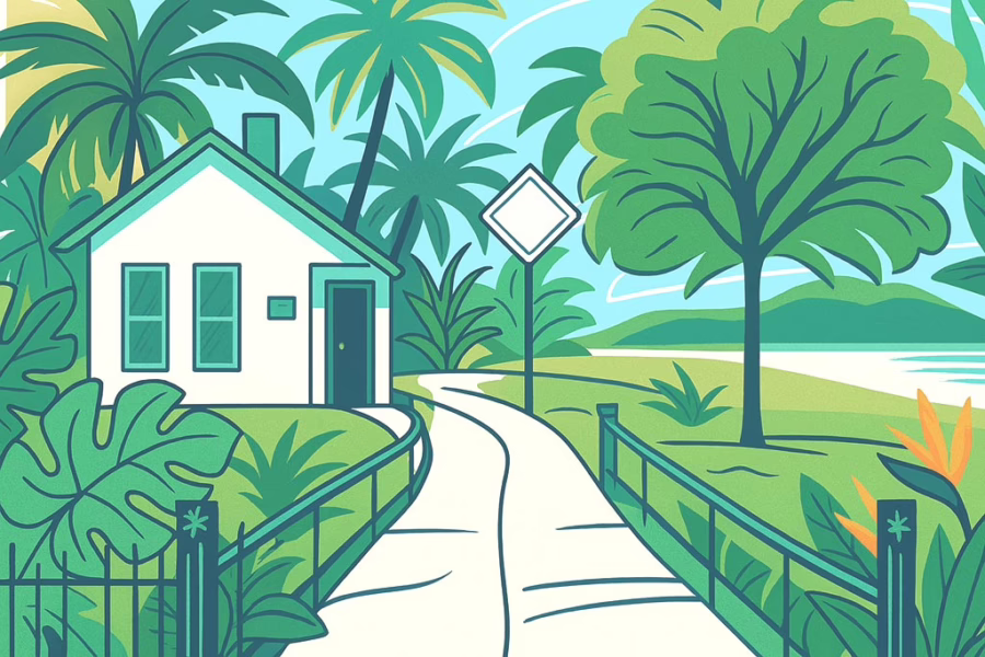 Hialeah Florida stylized illustration of walkway leading to house among trpical foliage