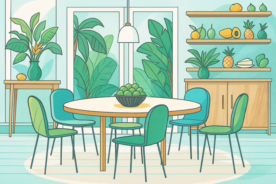 Hialeah Gardens -illustration of Florida tropical feel dining room with table, four chairs, hutch in teals and beige