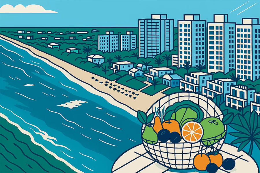 Highland Beach- illustration of stylized bird's eye view of beach with high rises. Right foreground is a basket with fruit on a small table top