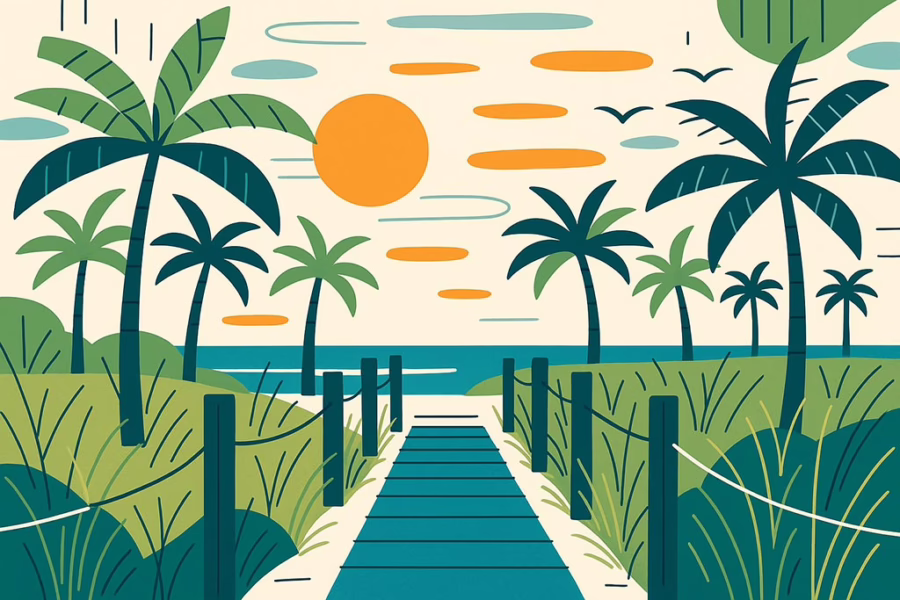 Holly Hills Florida -illustration of stylized image of boardwalk to beach with palm trees and sun