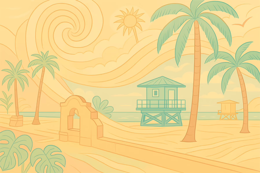 Illustration of stylized golden yellow colors with palm trees of Hollywood Beach Broadwalk.