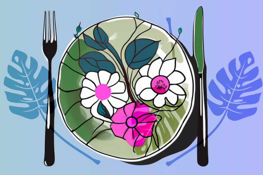 Holmes Beach Florida - illustration of a place setting with knife and fork. White/pinks flowers with leaves design on plate.