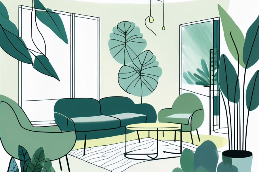 Homestead Florida -illustration of interior room in greens and teal with trooical plants, sofa, table and chairs