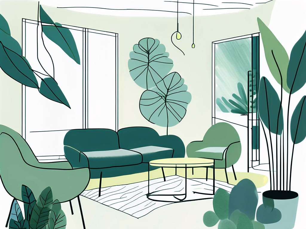 Homestead Florida -illustration of interior room in greens and teal with trooical plants, sofa, table and chairs