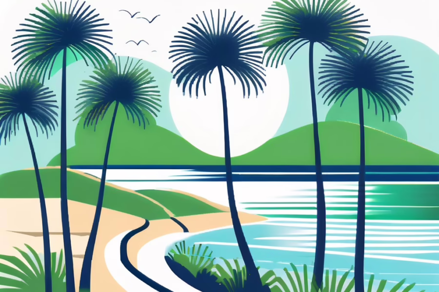 Hypoluxo Florida -illustration of tropical lagoon with meandering path. Silhouettes of palm trees.