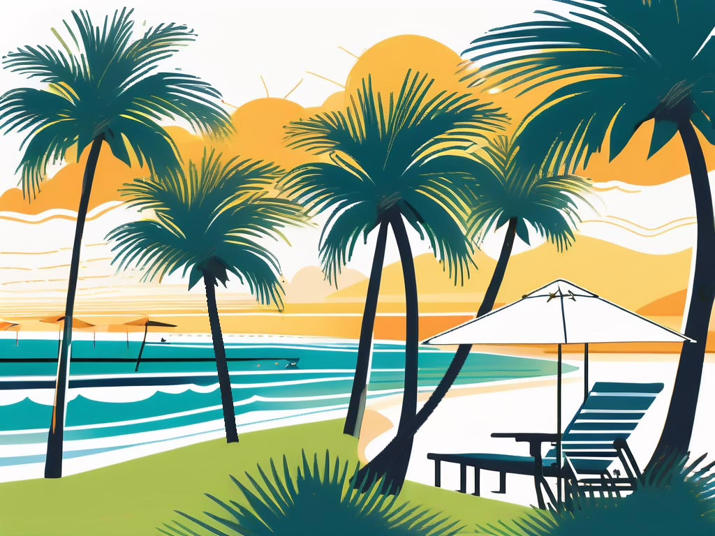 Indialantic Florida -illustration of stylized beach with palm trees,a lounge chair with umbrella, yellow clouds in white sky
