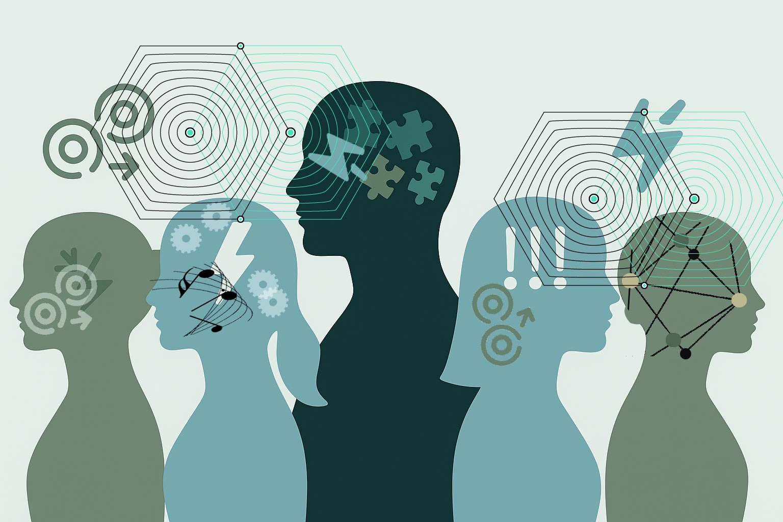 Illustration for post: Is There a Link Between ADHD and Eating Disorders? showing 5 silhouettes of young female and males upper torso and heads with various symbols on the heads representing ADHD symptoms