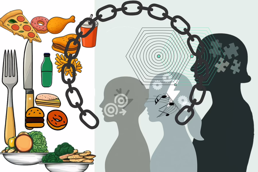 Illustration for post: Is There a Link Between ADHD and Eating Disorders? showing on the right side 3 silhouettes, heads filled with with various symbols representing ADHD symptoms. On the left side is loads of food with a black chain of links curving over both sides.