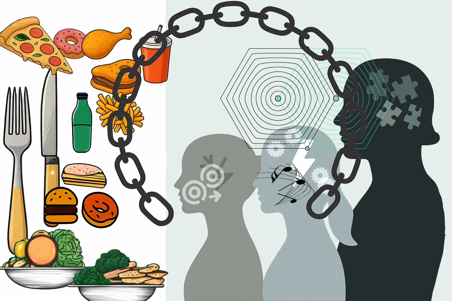 Illustration for post: Is There a Link Between ADHD and Eating Disorders? showing on the right side 3 silhouettes, heads filled with with various symbols representing ADHD symptoms. On the left side is loads of food with a black chain of links curving over both sides.