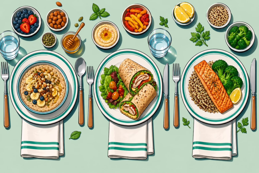 Illustrated 3 balanced meal place settings including oatmeal with fruit and nuts, a turkey hummus wrap, and grilled salmon with quinoa and broccoli on plates with teal-striped napkins and glasses.