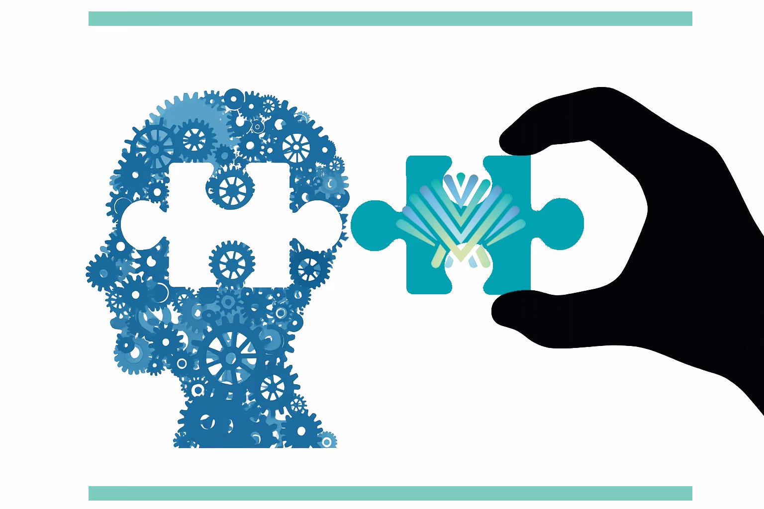 Illustration showing a silhouette hand holding a puzzle piece with the ViaMar logo about to place it in the silhouette head filled with gears and an open slot for the puzzle piece.