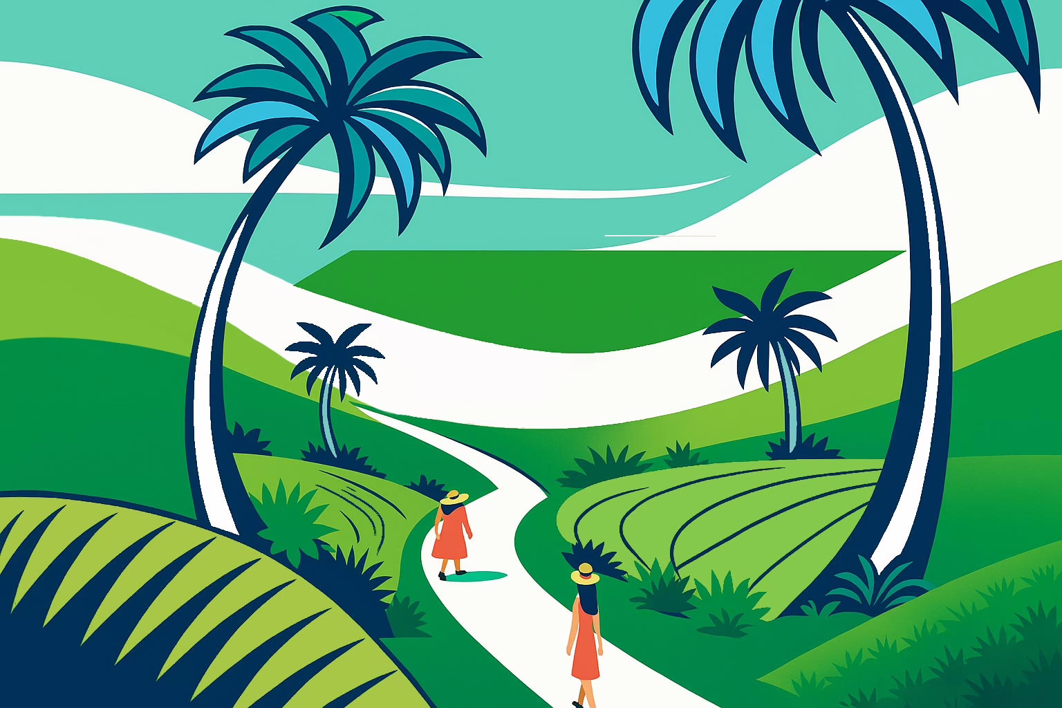 Illustration of green hilly landscape with palm trees. Two female in ornage dresses walk along a white winding path towards the horizon